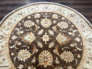 Round Pakistani Rug 6x6, Brown and Beige, Floral, Peshawar Rug, Traditional