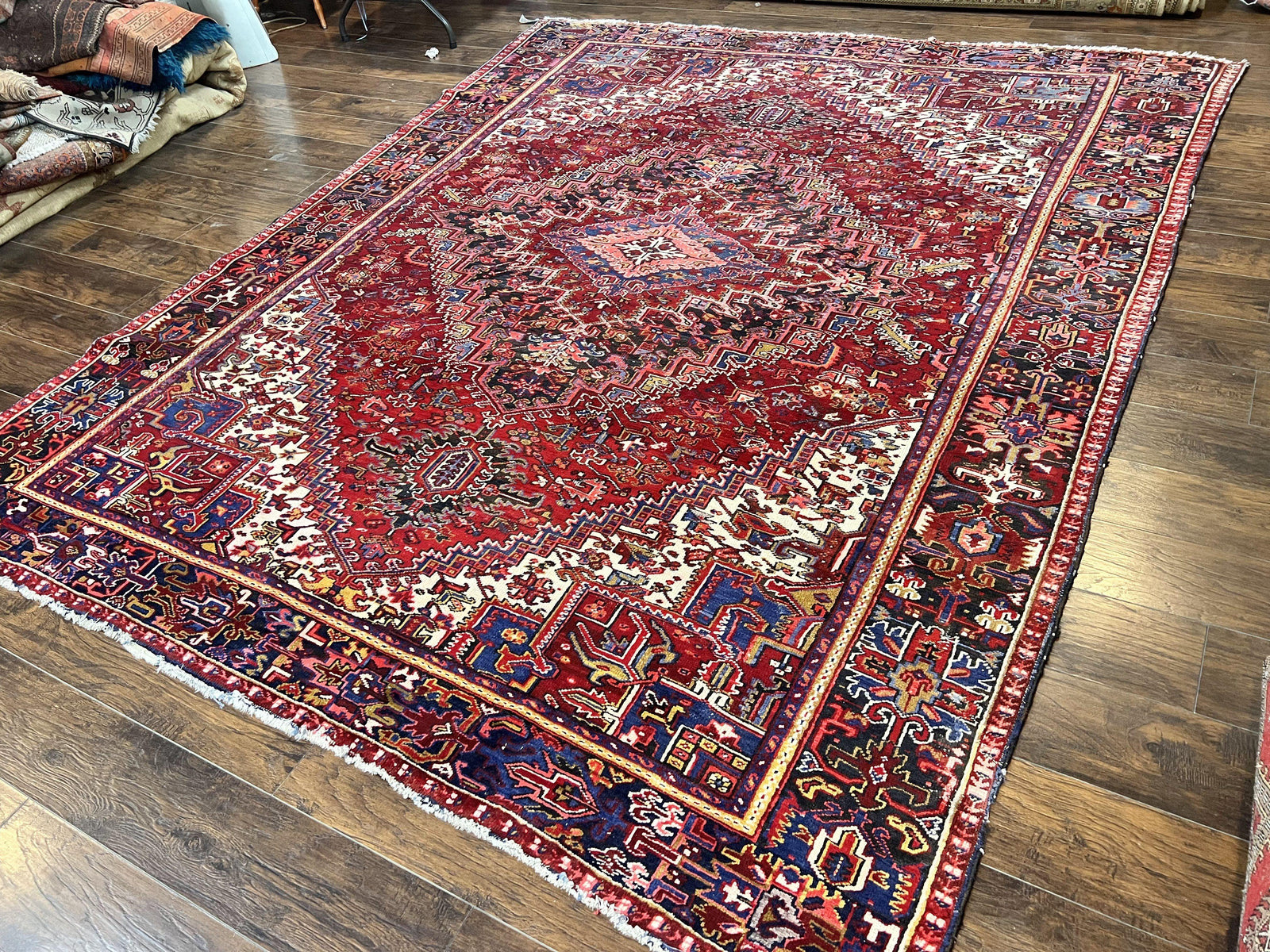 Persian Heriz Rug 9x11 ft, Geometric Rug 9 x 11, Red Room Sized Semi Antique Vintage Wool Hand Knotted Oriental Carpet