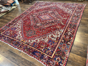 Persian Heriz Rug 9x11 ft, Geometric Rug 9 x 11, Red Room Sized Semi Antique Vintage Wool Hand Knotted Oriental Carpet