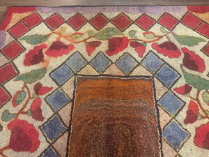 Vintage American Hooked Rug 6x7, Unique Colors, Red Lavender Cream, Abstract