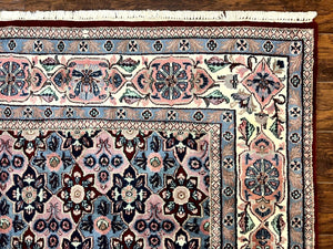 Indo Persian Rug 8x10, Repeated Allover Pattern, Navy Blue Ivory, Handmade Vintage Wool Carpet