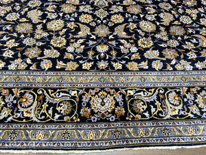 Wonderful Navy Blue Persian Kashan Rug 11x13, Allover Floral Design with Central Medallion, Wool Hand-Knotted Antique Carpet, Signed Rabani Rug