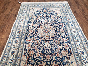 Persian Nain Rug 4x6, Ivory and Blue, Hand-Knotted, Wool & Silk