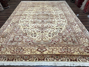 Vintage Sino Persian Rug 10x14, Room Sized Elegant Handmade Oriental Carpet 10 x 14, Floral Medallion Large Wool Rug with Silk Accents Beige
