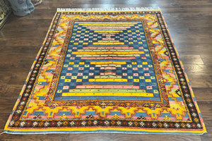 Colorful Moroccan Rug 7x8, Abstract Design, Wool Multicolor Handmade Vintage Carpet, Tribal Rug, Berber Rug