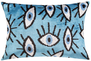 Canvello Handmade Velvet Evil Eye Pillow – 16x24 Luxury Decorative Throw Cushion for Home Decor – Feather Down Insert, Vegetable-Dyed, Vibrant Blue Accent