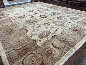 Large Peshawar Rug 11x14, Vintage Beige Chobi Carpet, Allover Floral Design, Hand Knotted, Wool, Room Sized Rug for Living Room Dining Room