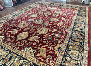 Indo Persian Rug 10x14, Indian Agra Carpet, Vintage Handmade Wool Large Traditional Rug, Dark Red Navy Blue Beige