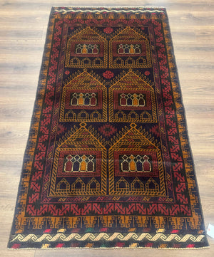 Afghan Rug 3x7, Navy Blue, Tribal Rug, Balouch Carpet, New