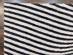 Vintage Zebra Stripes Shag Rug 5.7 x 7.4, Black and White, Retro, Wool