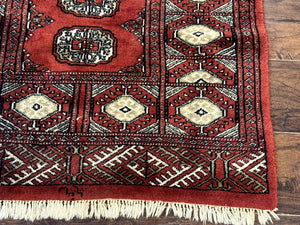 Red Pakistani Turkoman Rug 3x5, Bokhara Design, Vintage, Signed