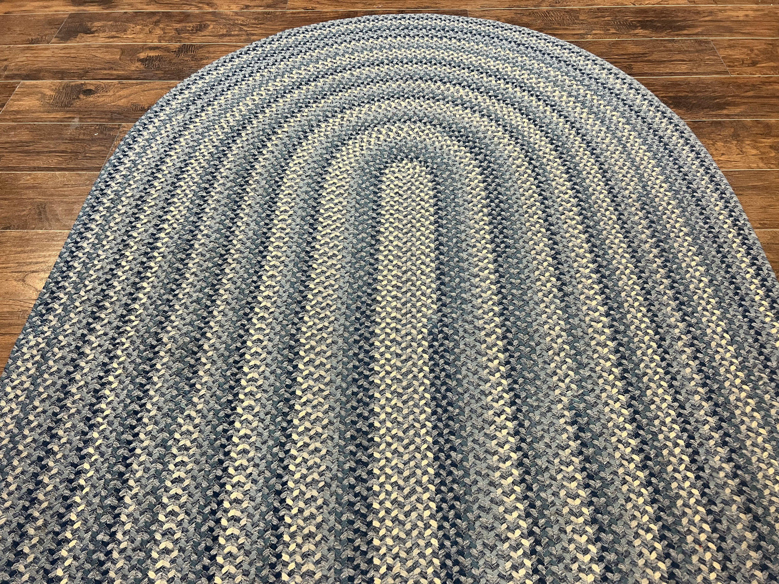 American Oval Braided Rug 5x8 Wool Handmade Vintage Carpet, Multicolor, Blues Gray Cream