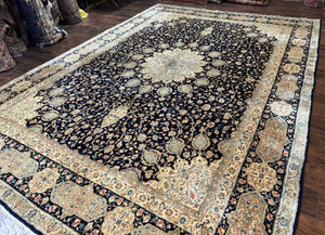 Large Persian Kerman Rug 10x14, Navy Blue and Beige, Floral Medallion, Traditional Elegant Persian Carpet, Signed by Masterweaver