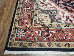 Vintage Indo Heriz Area Rug 8x10, Indo Persian Carpet 8 x 10, Red Dark Blue & Beige/Cream Indian Rug, Decorative Pattern, Wool, Hand-Knotted