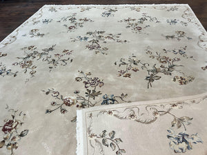 Chinese 120 Line Rug 8x10, Chinese Aubusson Wool & Silk Highlights Handmade Vintage Carpet, Beige Fine Weave Rug, Floral European Design