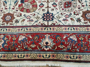 Antique Persian Tabriz Rug 9x12, Hand Knotted Oriental Carpet 9 x 12 ft, Vintage Wool Room Sized Rug, Cream and Red, Floral Allover Handmade Rug