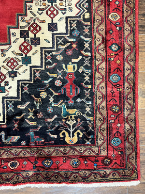 Persian Rug 5x12 ft, Red Cream Navy Blue, Pictorials, Hand Knotted Handmade Wide Runner Tribal Bidjar Semi Antique Wool Geometric Oriental Rug