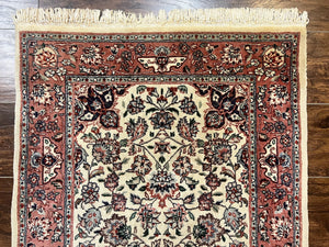 Sino Persian Rug 3x6, Short Runner Rug, Floral Medallion, Beige and Salmon Red, Wool Vintage Hand Knotted Fine Oriental Carpet 3 x 6 ft