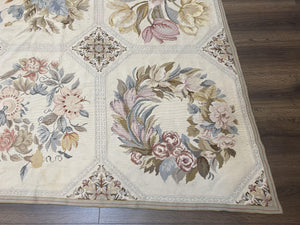 Vintage Needlepoint Rug 8x11, Floral Panel Design, Flatweave Handmade Needlepoint Carpet 8 x 11, Room Size Wool Needlepoint Rug, Cream Color