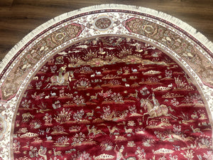Large Round Turkish Silk Rug 8x8, Hunting Design, Dark Red & Ivory, Bamboo Silk