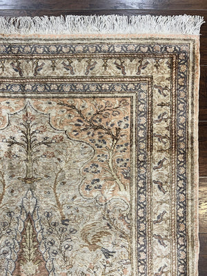 Turkish Kayseri Silk Rug 4x6, Tree of Life Pattern, Vintage Handmade Hand Knotted Carpet, Animal Pictorials, Birds