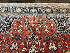 Red Persian Kashan Rug 10x14, Hand-Knotted Semi Antique Floral Medallion Handmade Wool Carpet, Red & Navy Blue