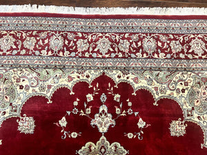 Pak Persian Rug 9x12, Handmade Vintage Traditional Wool Carpet, Floral Medallion, Dark Red Ivory/Cream, Fine 250 KPSI