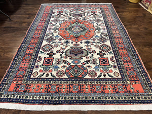 Persian Tribal Rug 8x11, Persian Ardabil Rug, Geometric Medallion Animal Pictorial Rug, Ivory Red Blue, Hand Knotted Vintage Wool Carpet