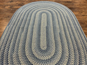 American Oval Braided Rug 5x8 Wool Handmade Vintage Carpet, Multicolor, Blues Gray Cream