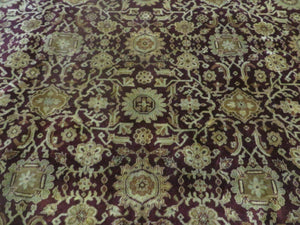 Indian Agra Rug 10x14 Vintage Handmade Larastan Wool Carpet Maroon Floral