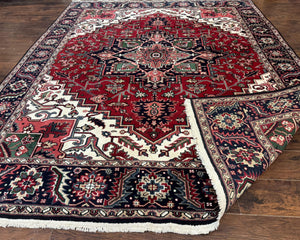 Indo Persian Heriz Rug 8x10, Geometric Medallion, Brick Red Ivory Navy Blue, Room Sized Heriz Carpet, Wool Rug