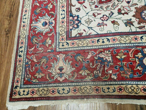Antique Persian Tabriz Rug 9x12, Hand Knotted Oriental Carpet 9 x 12 ft, Vintage Wool Room Sized Rug, Cream and Red, Floral Allover Handmade Rug