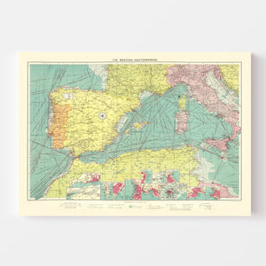 Vintage Map of Western Mediterranean Sea, 1922