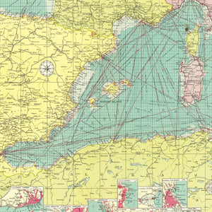 Vintage Map of Western Mediterranean Sea, 1922