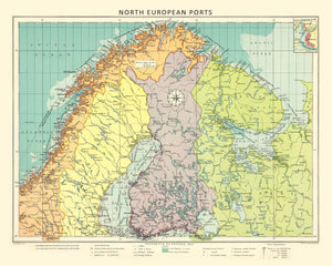 Vintage Map of Northern European Ports, 1922