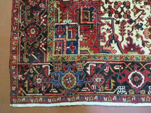 Wonderful Persian Heriz Rug 8.6 x 11, Geometric Heriz Carpet, Semi Antique Decorative Area Rug, Red Ivory Dark Blue Handmade Wool Room Sized