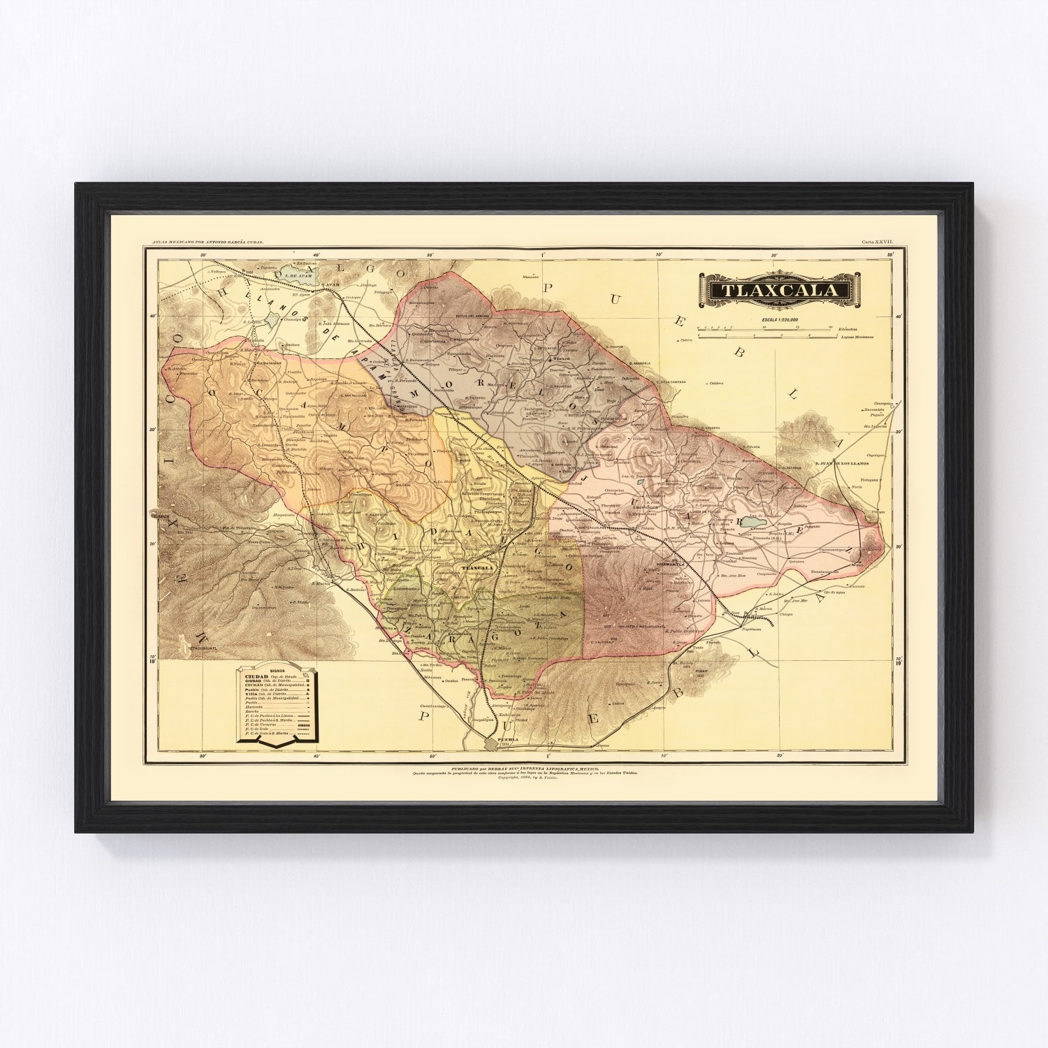 Vintage Map of Tlaxcala Mexico, 1886