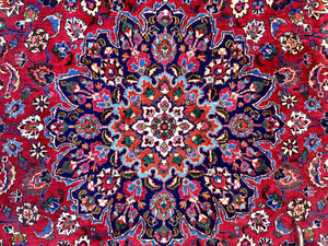 Antique Persian Mashad Rug 10x13, Red and Navy Blue, Great Colors, Signed By Masterweaver, Floral Medallion, Handmade Wool Persian Carpet