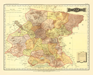 Vintage Map of Guanajuato Mexico, 1886