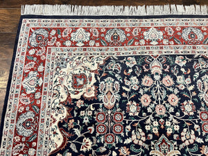 Pak Persian Rug 6x9, Floral Medallion, Dark Blue, Traditional Oriental Carpet, Handmade Wool Vintage Medium Size Rug, 240 KPSI