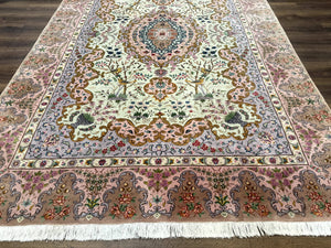 Wonderful Persian Tabriz Rug 7x10, Very Fine 330 KPSI, Light Green Light Blue Pink, Kork Wool Silk Foundation, Bird Pictorials