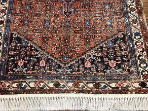 Red Persian Hamadan Rug 4x6, Wool Handmade Antique Carpet, Geometric Medallion Rug, Oriental Rug 4 x 6, Persian Tribal Rug, Hand Knotted Rug