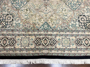 Pak Persian Kirman Rug 9x12, Panel Design Oriental Carpet 9 x 12 ft, Wool Hand Knotted Handmade Traditional Room Sized Vintage Rug, Green