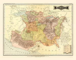 Vintage Map of Michoacan Mexico, 1886