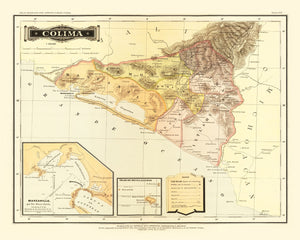 Vintage Map of Colima Mexico, 1886