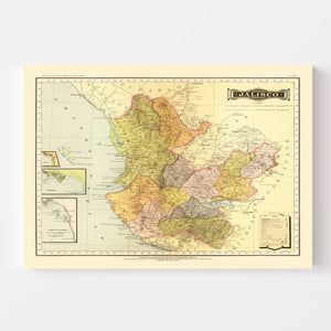 Vintage Map of Jalisco Mexico, 1886