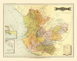 Vintage Map of Jalisco Mexico, 1886