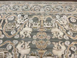 Spanish Rug 11x14, Wool Hand Knotted Vintage Carpet, Olive Green and Beige, Floral Allover, European Design, 11 x 14 Rug