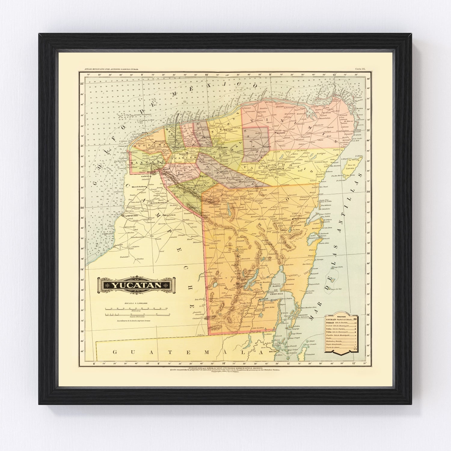 Vintage Map of Yucatan Mexico, 1886