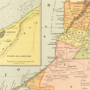 Vintage Map of Campeche Mexico, 1886